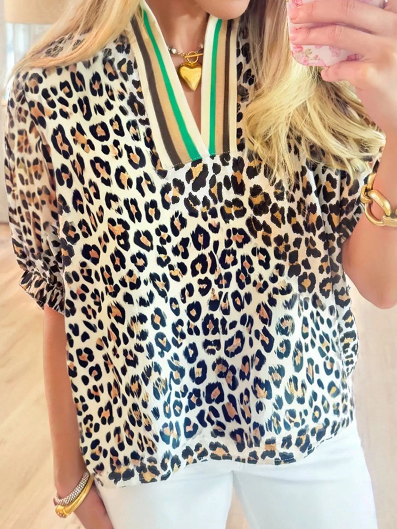 Leopard Print Notched Blouse with Striped Trim