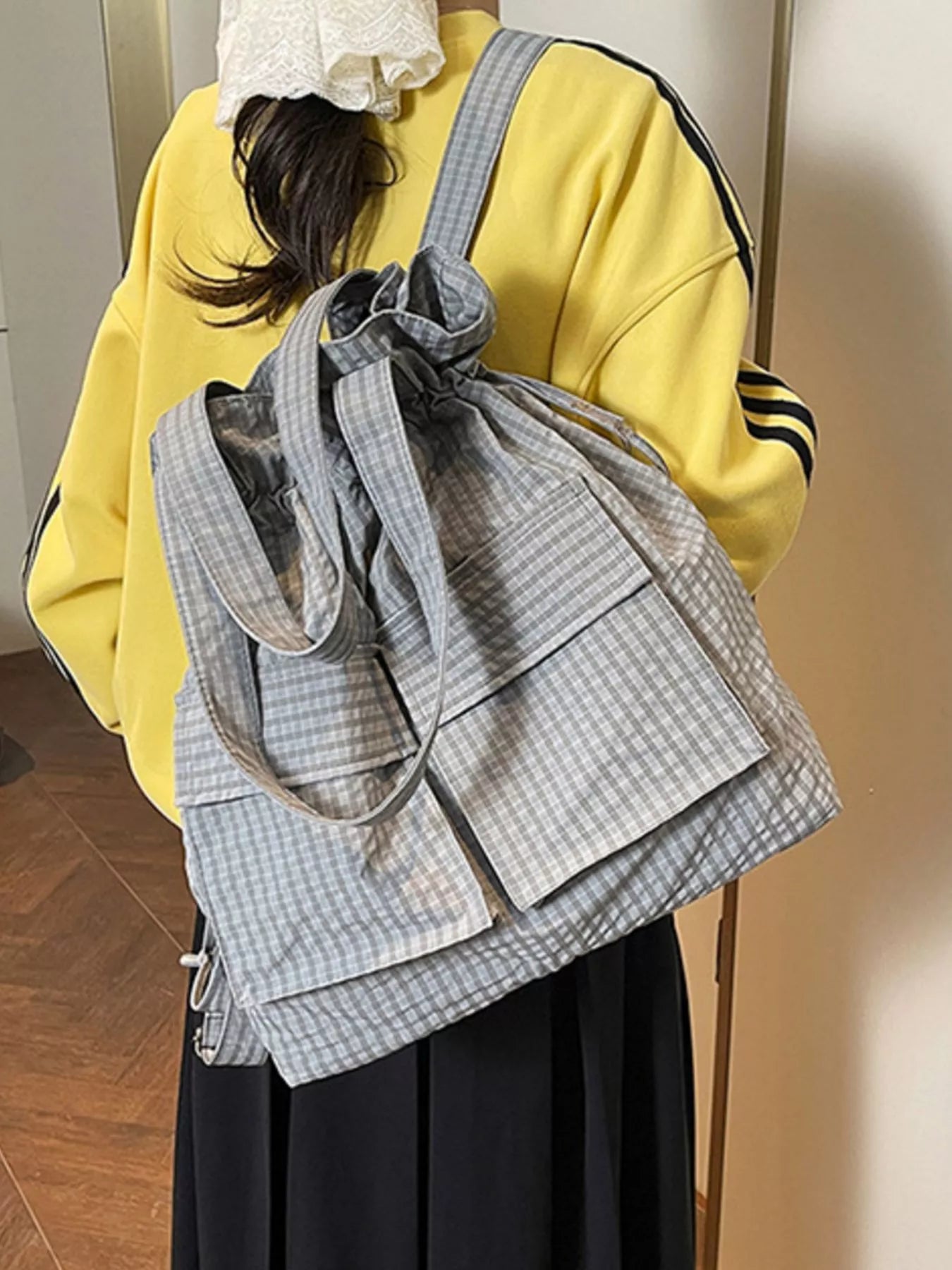 Convertible Plaid Drawstring Backpack Bag