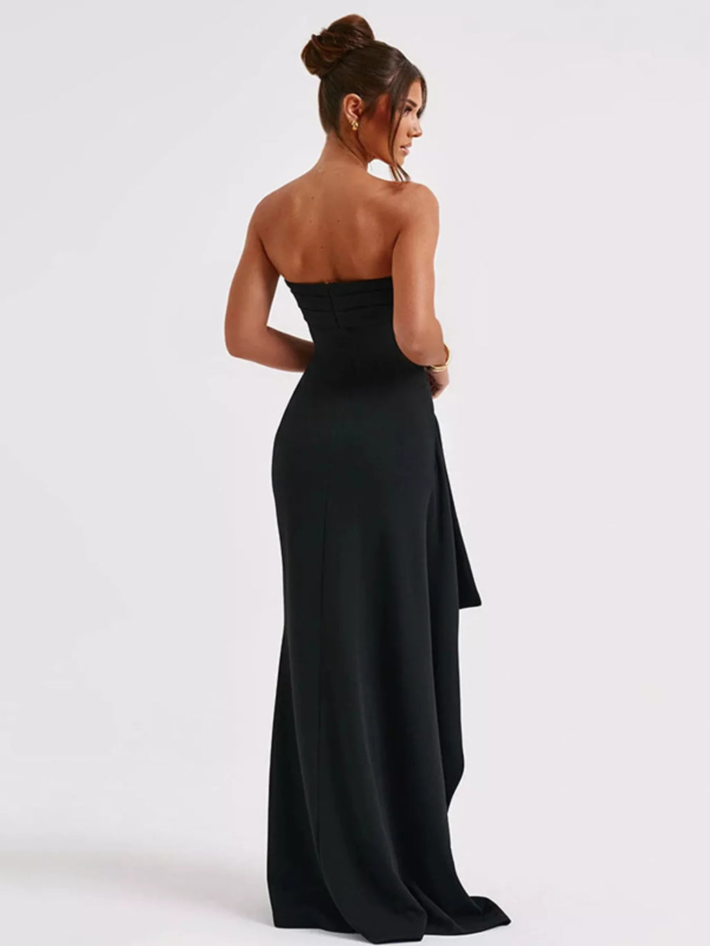 Strapless Ruched High Slit Maxi Dress
