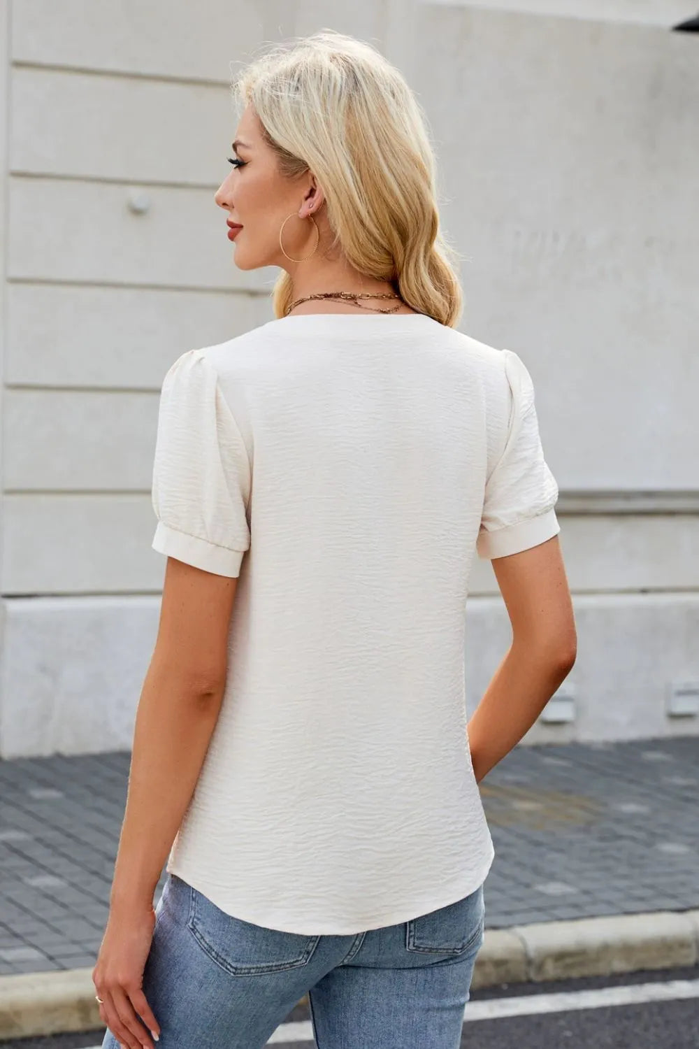 Notched Short Sleeve Blouse