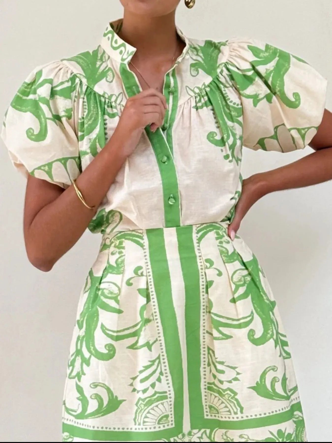 Puff Sleeve Printed Top and Zip Back Skirt Set