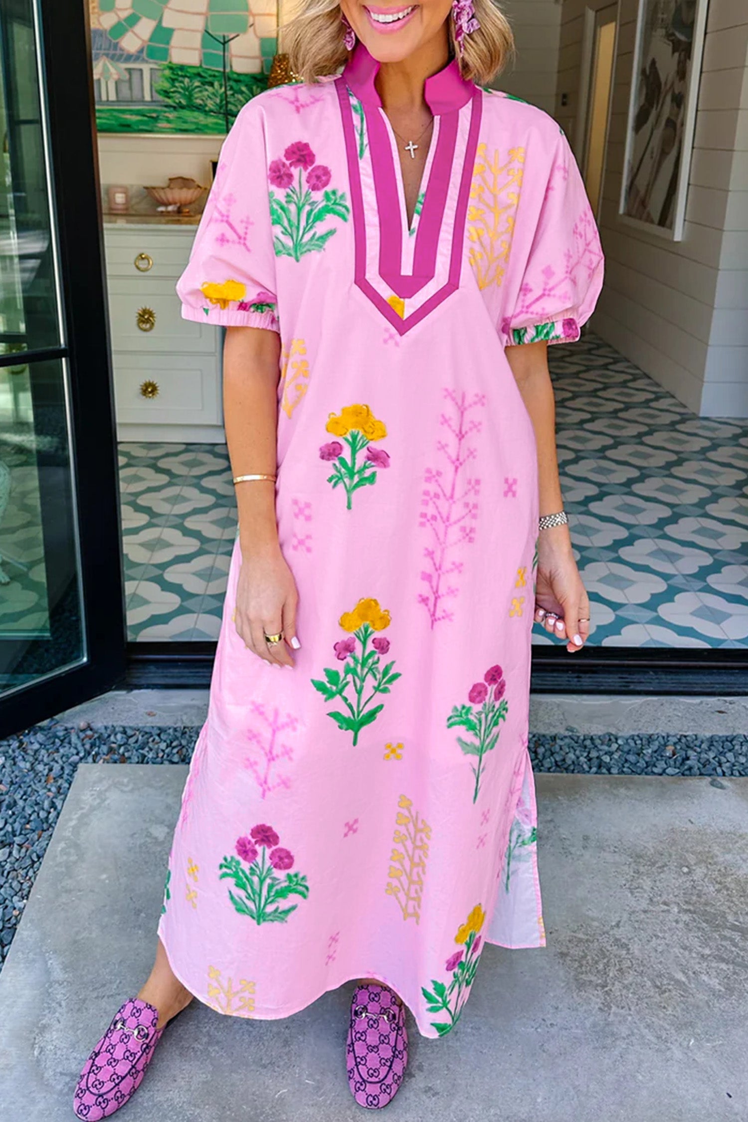 Floral Colorblock Trim V-Neck Midi Dress