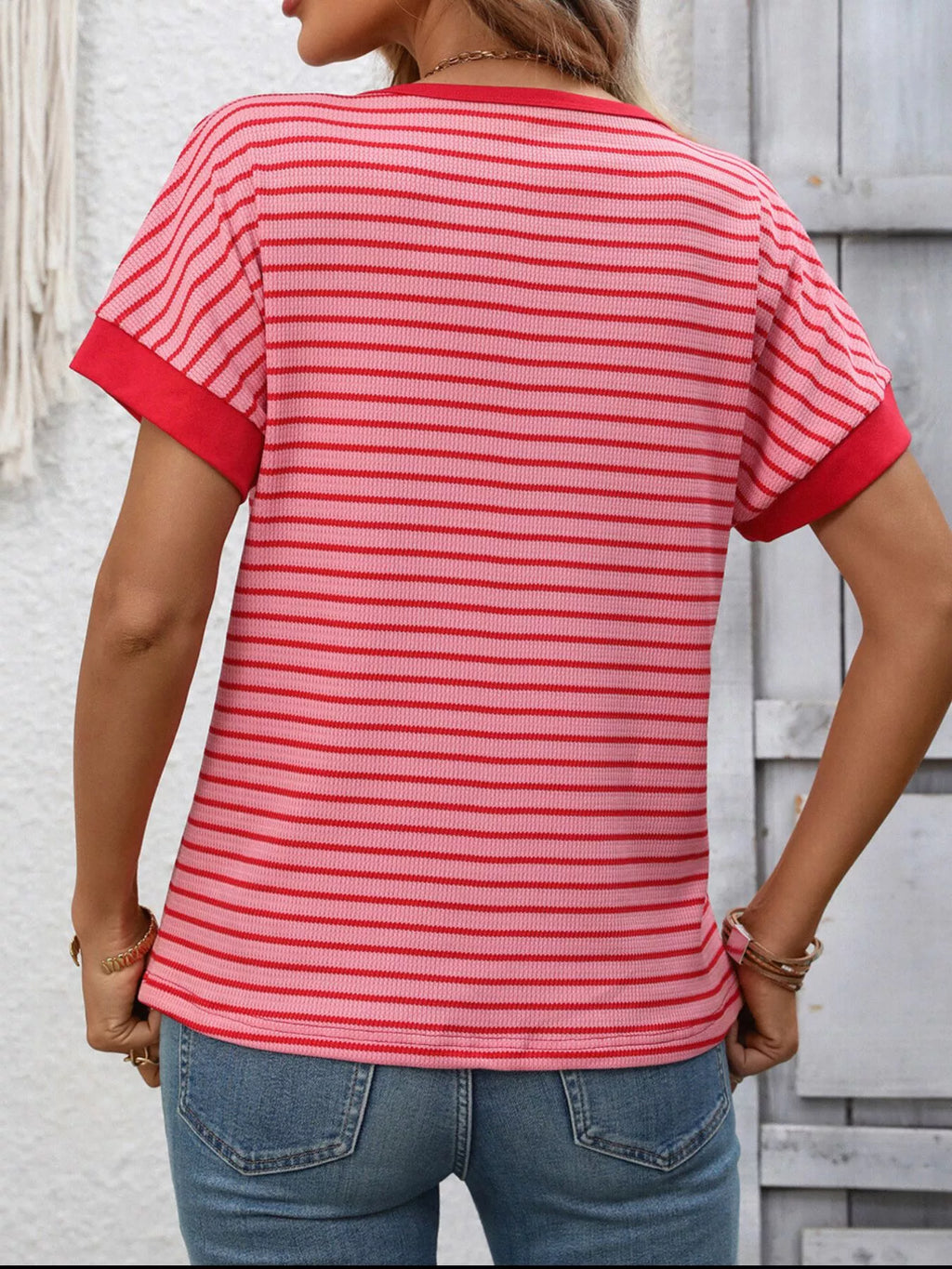 Striped Ribbed Knit Short Sleeve T-Shirt