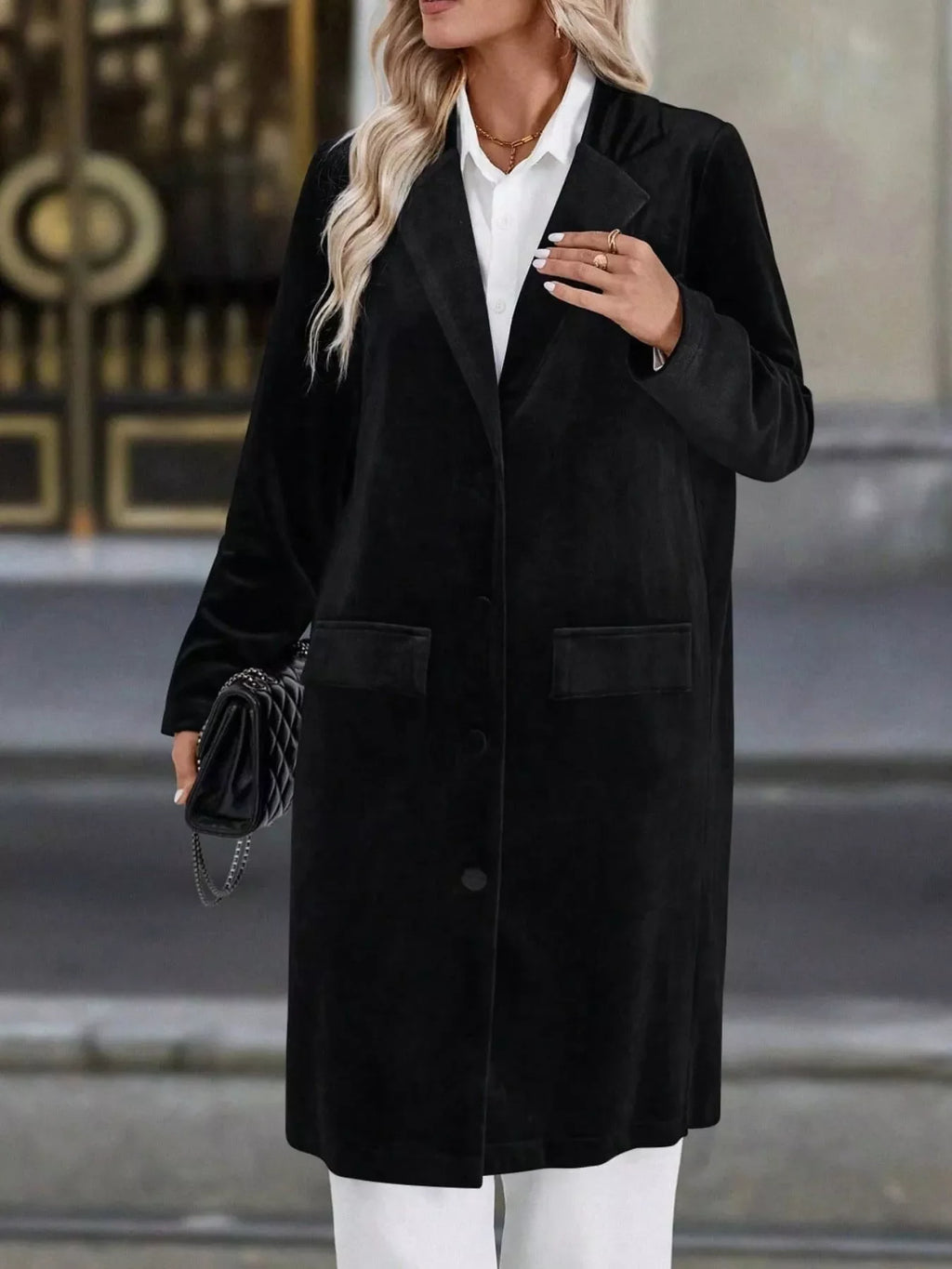 Lapel Collar Long Sleeve Longline Coat