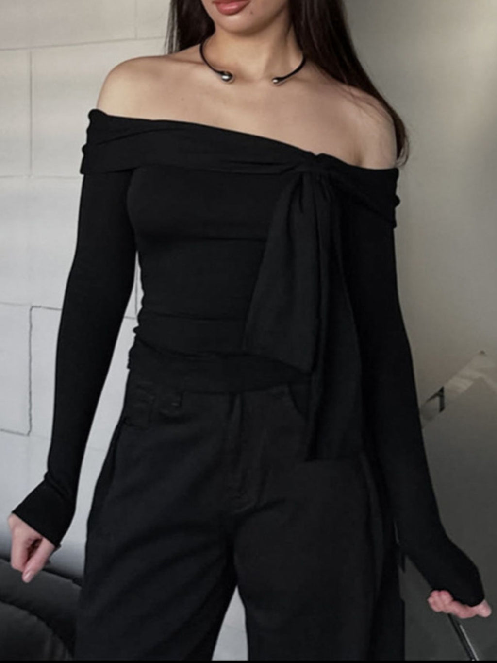 Off-Shoulder Tie-Front Long Sleeve Blouse