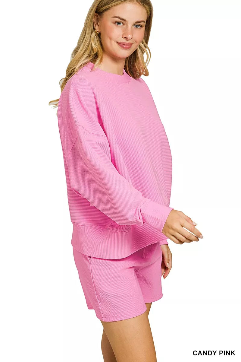 Zenana Ribbed Round Neck Pullover and Shorts Set