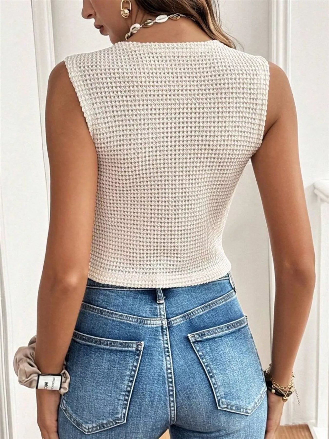 Textured Button-Front Sleeveless Vest Top