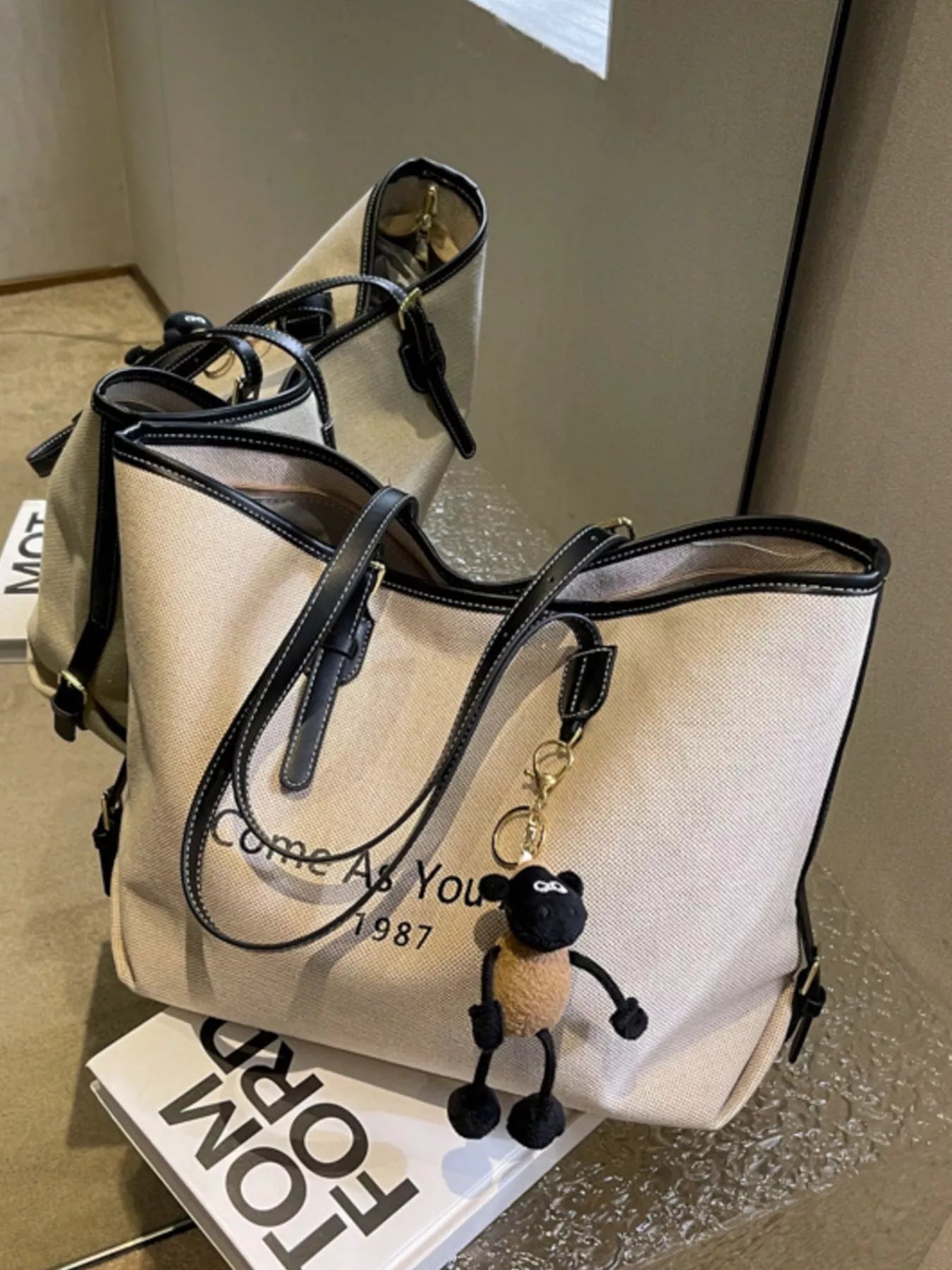 Canvas Tote Shoulder Bag with Charm