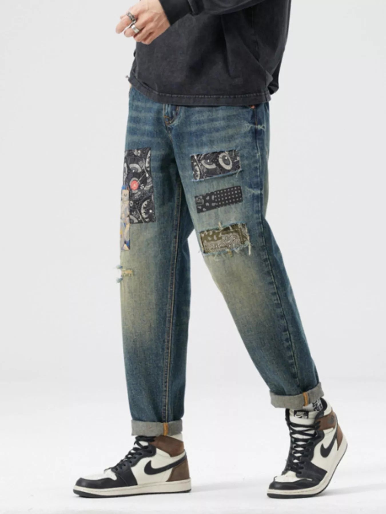 Men's Patchwork Ripped Loose Fit Jeans
