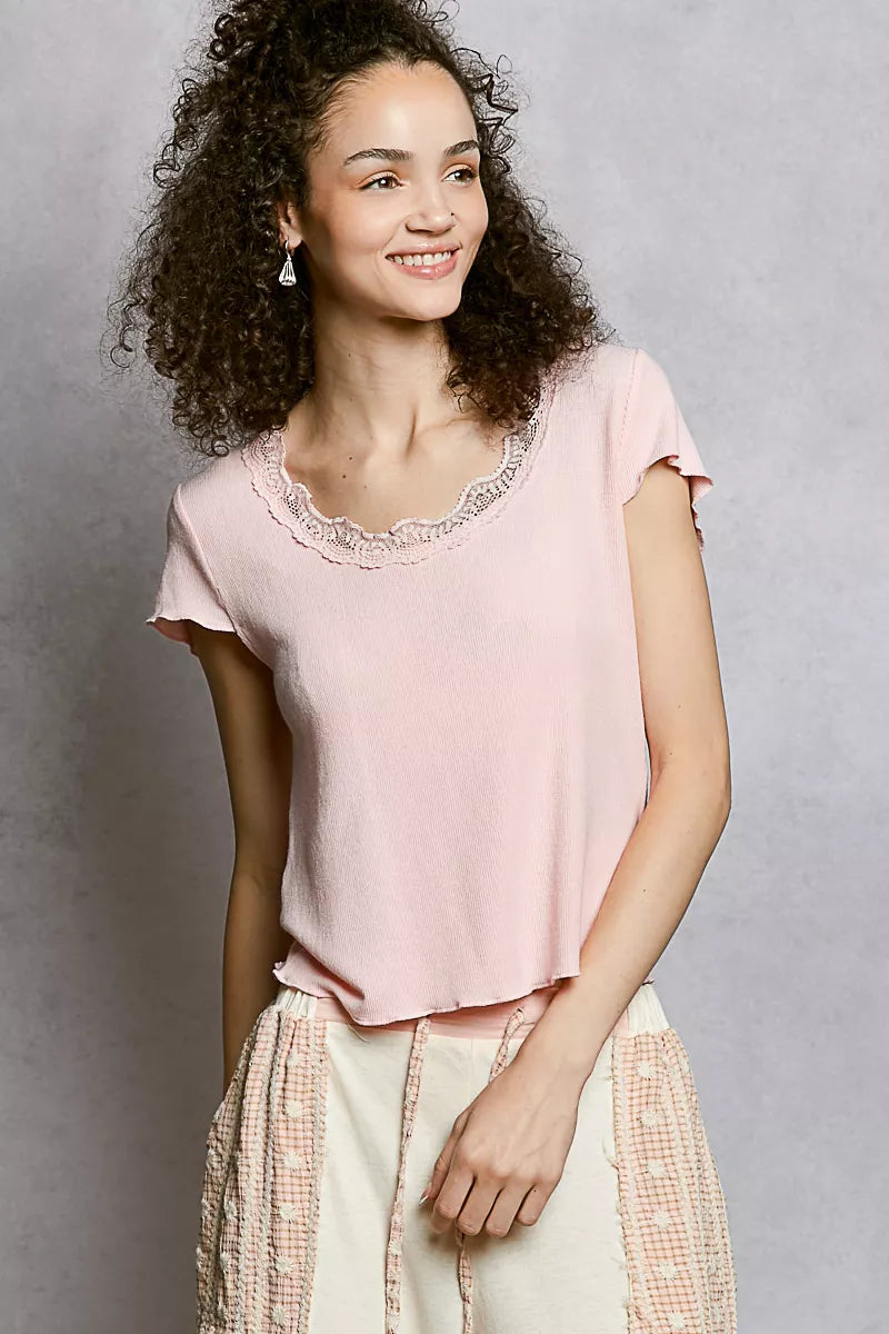 POL Round Neck Short Sleeve Crop T-Shirt with Lace Trim