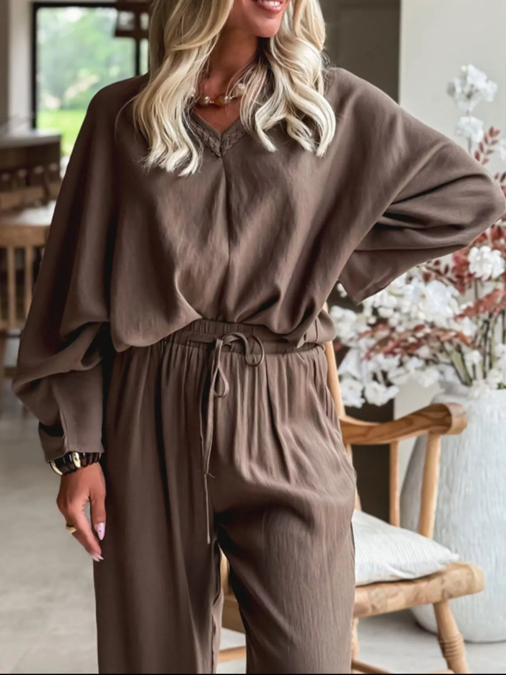 Braided V Neck Long Sleeve Loose Top and Drawstring High Waist Pants 2pcs Outfit