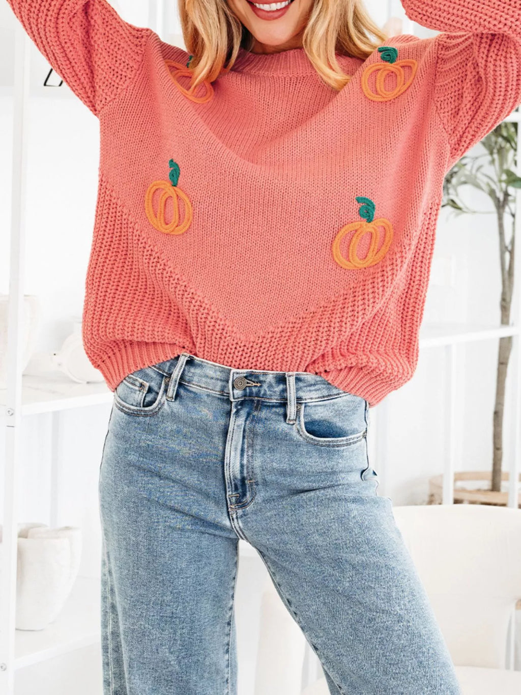 Pumpkin Embroidered Thanksgiving Holiday Sweater