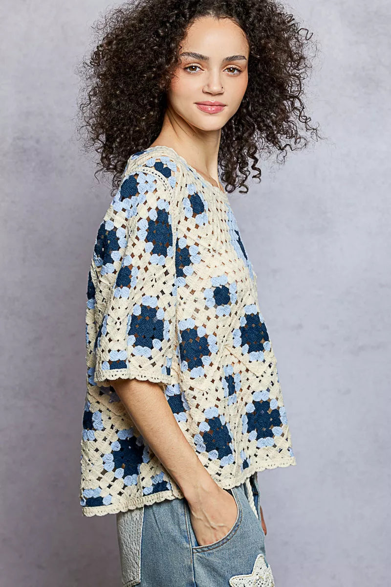 POL Round Neck Short Sleeve Color Pattern Crochet Top with Border Accents