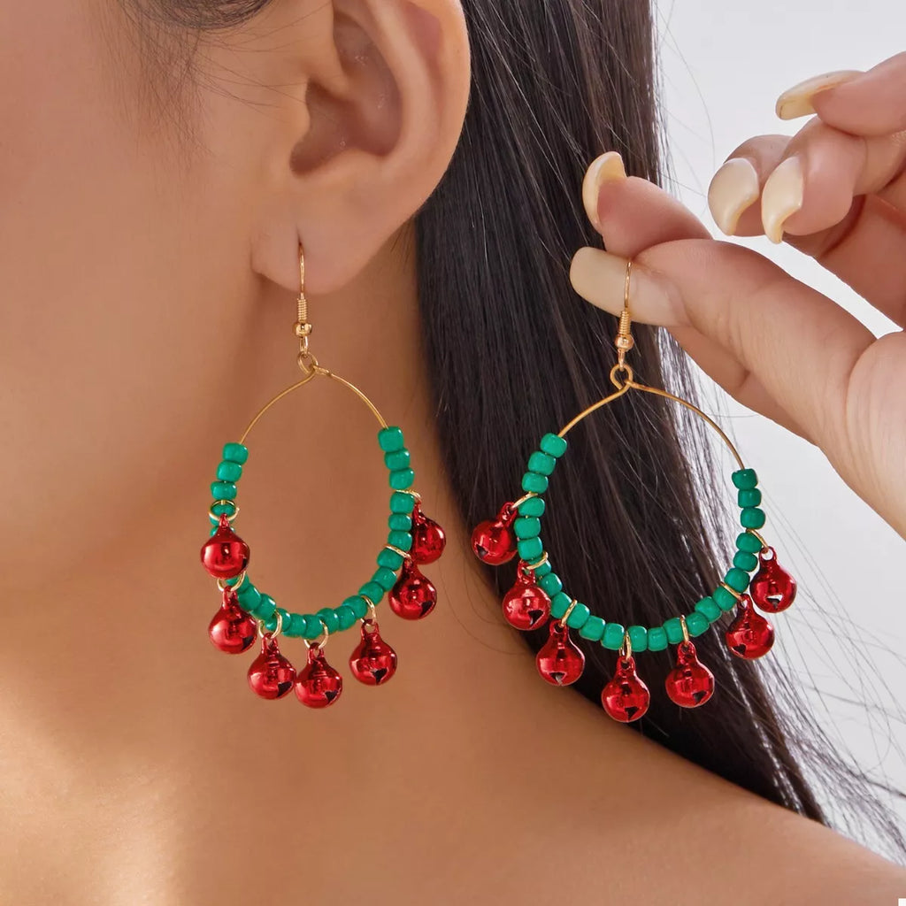 Christmas Beaded Hoop Earrings with Jingle Bells