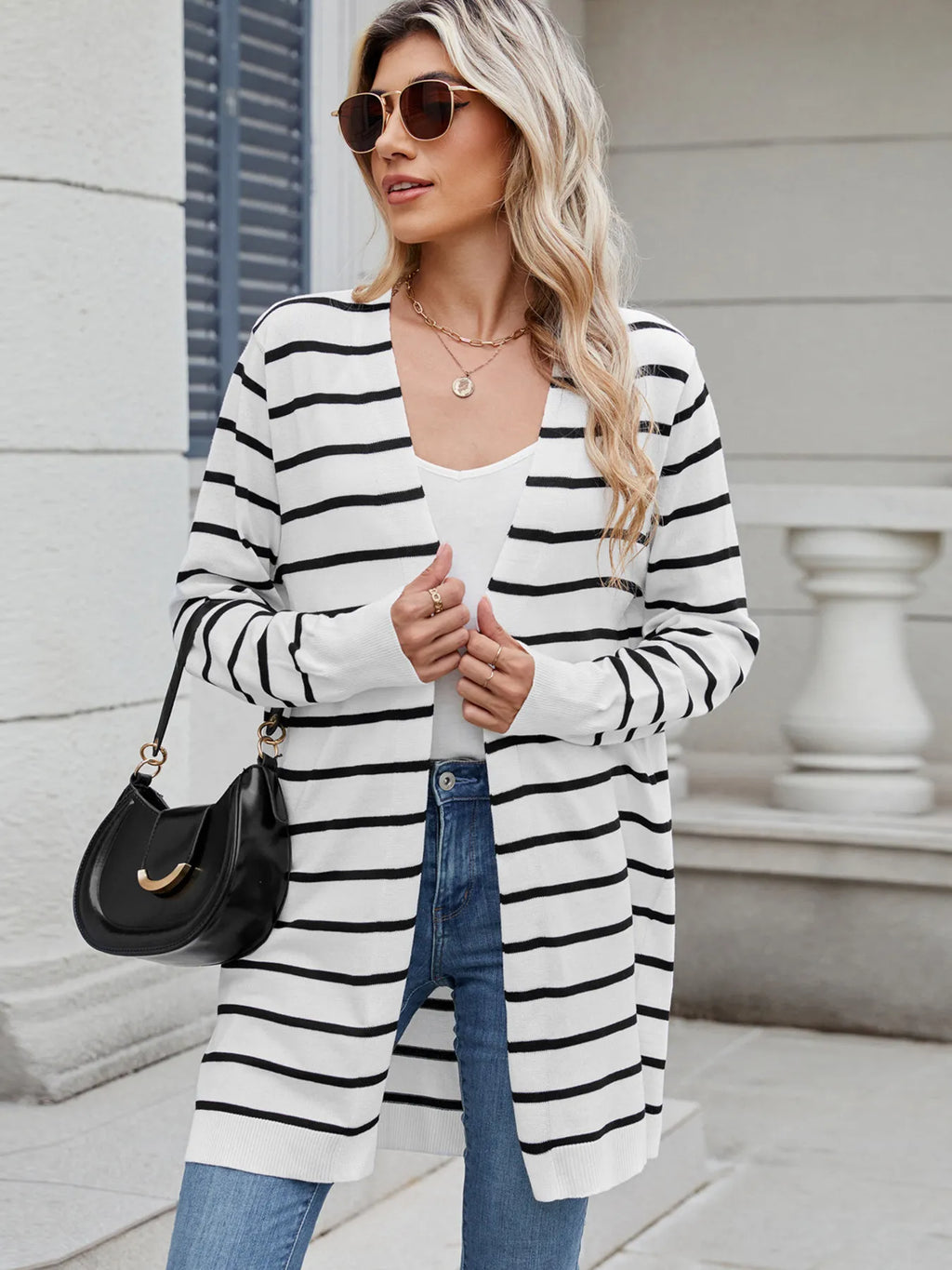Striped Open Front Cardigan with Relaxed Fit