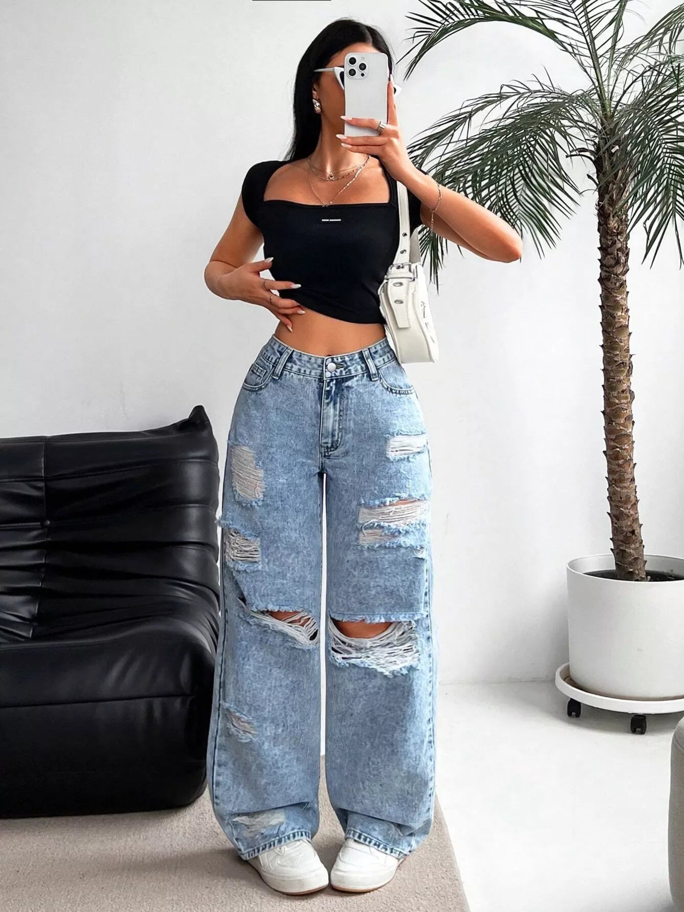 Distressed Wide-Leg Jeans