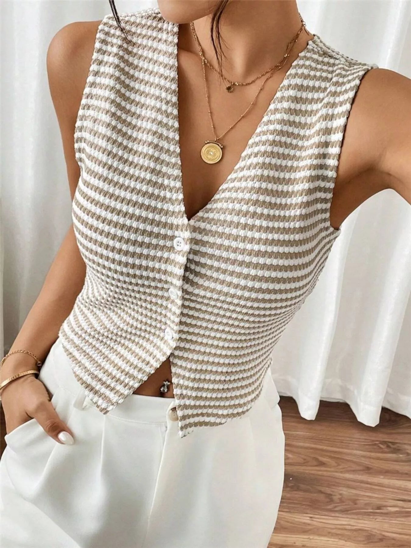 Striped Knit V-Neck Vest