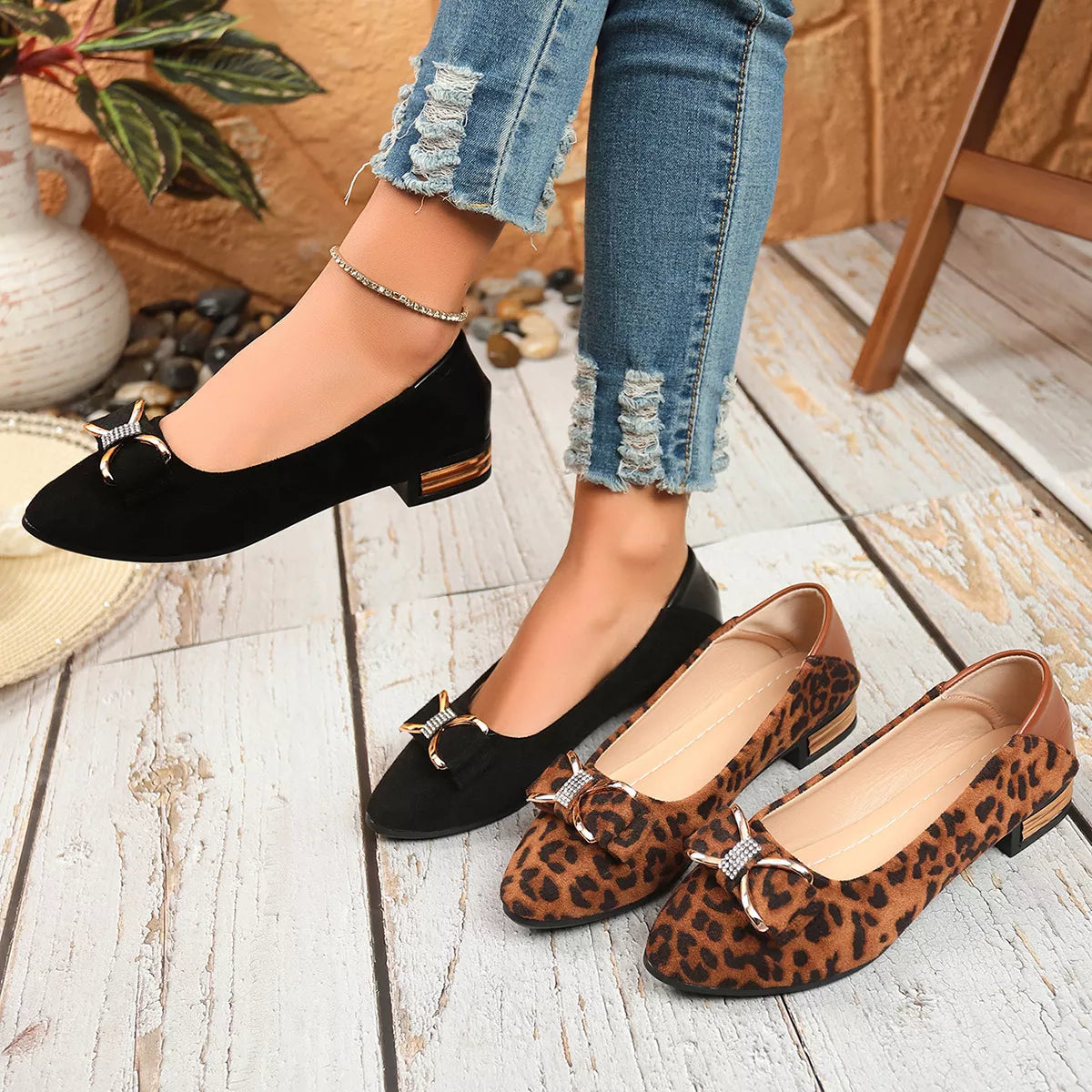 Point Toe Block Heels Slip-Ons