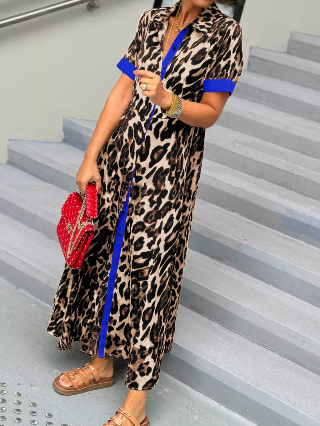 Leopard Print Button-Down Dress with Contrast Trim