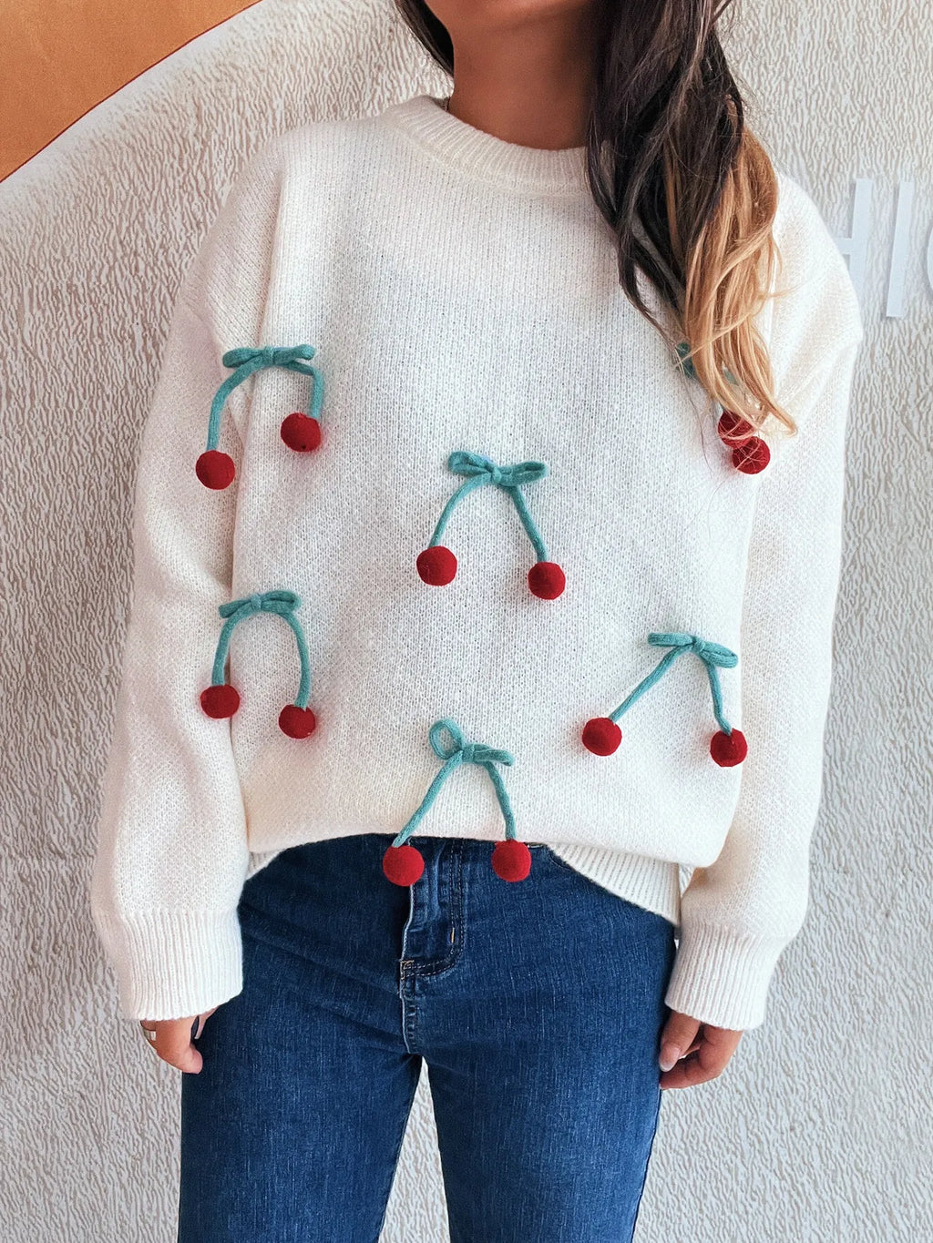 Cherry Round Neck Long Sleeve Sweater