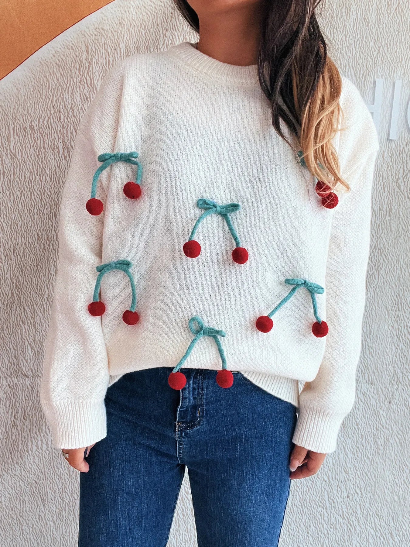 Cherry Round Neck Long Sleeve Sweater