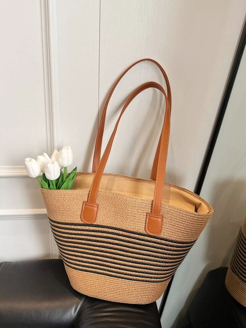 Striped Woven Straw Shoulder Bag