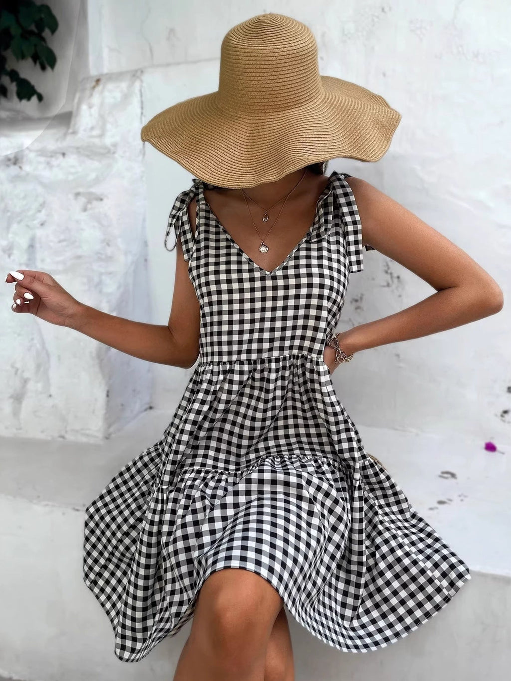 Gingham Tie-Shoulder Tiered Mini Dress