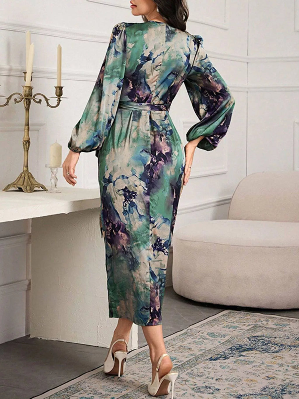Printed Tie Waist Balloon Sleeve Dress