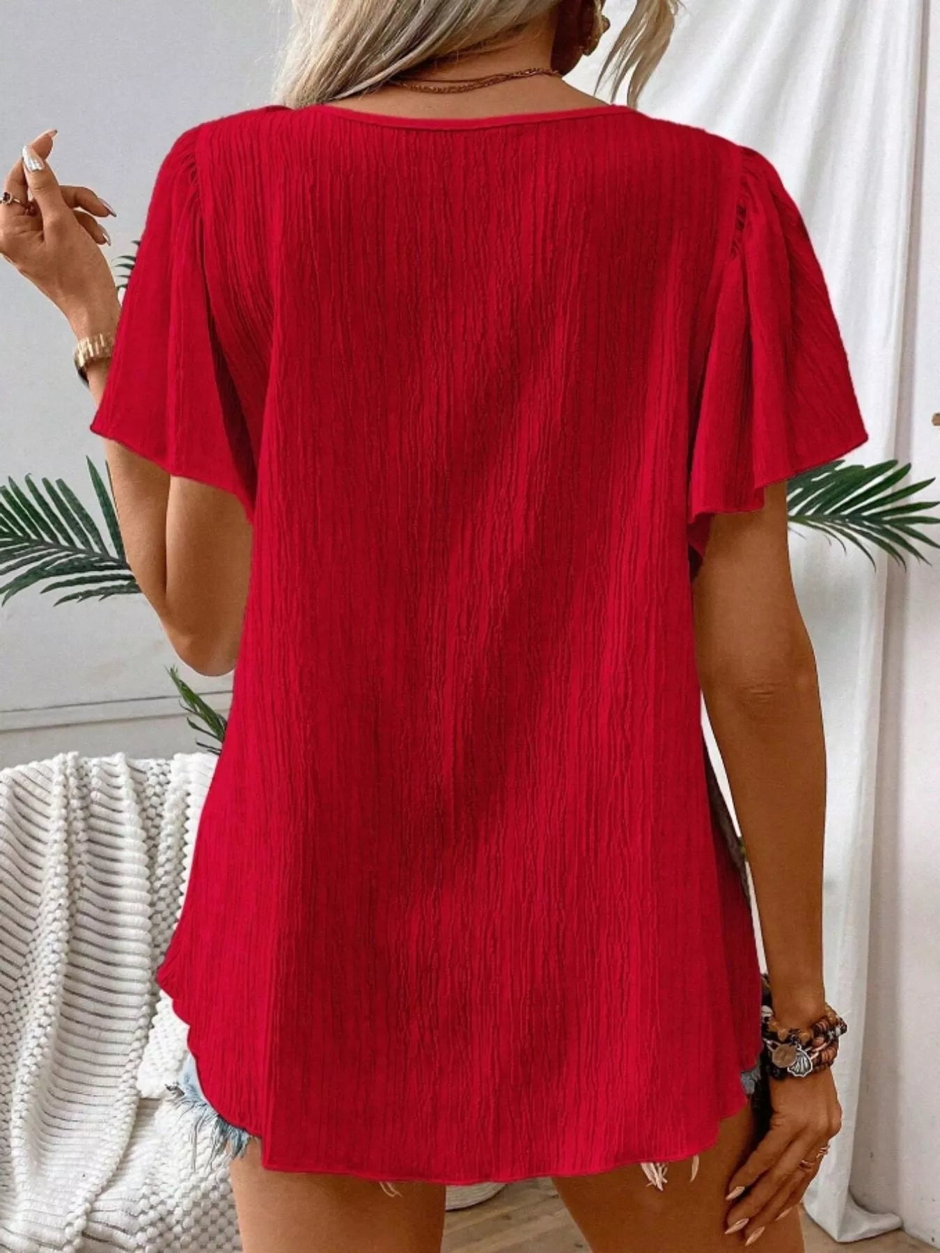Embroidered Square Neck Flutter Sleeve Blouse