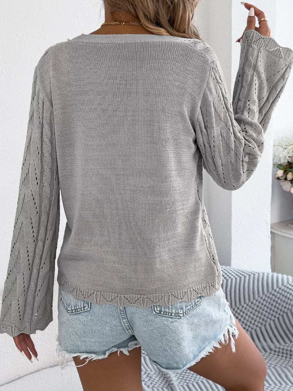 Openwork Tie-Front Knit Cardigan