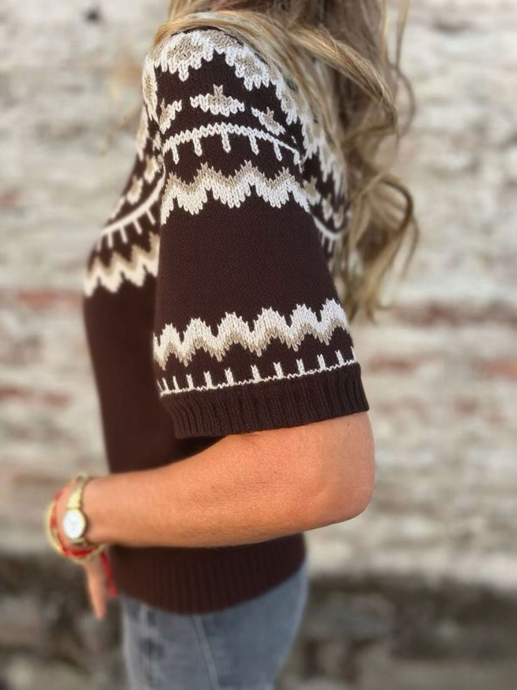 Vintage Patterned Short Sleeve Sweater