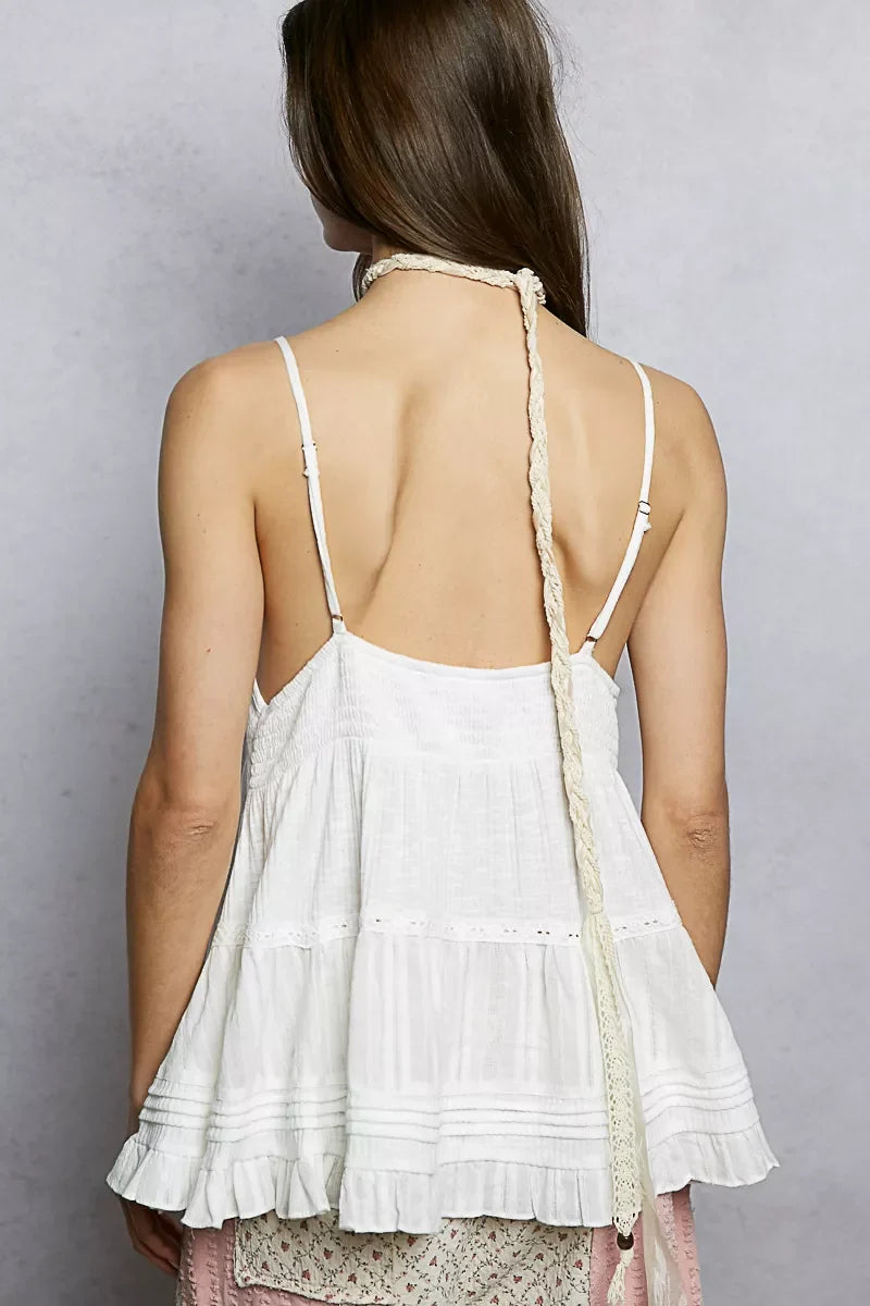 POL Button Front V-Neck Ruffled Cami with Pintuck Accents