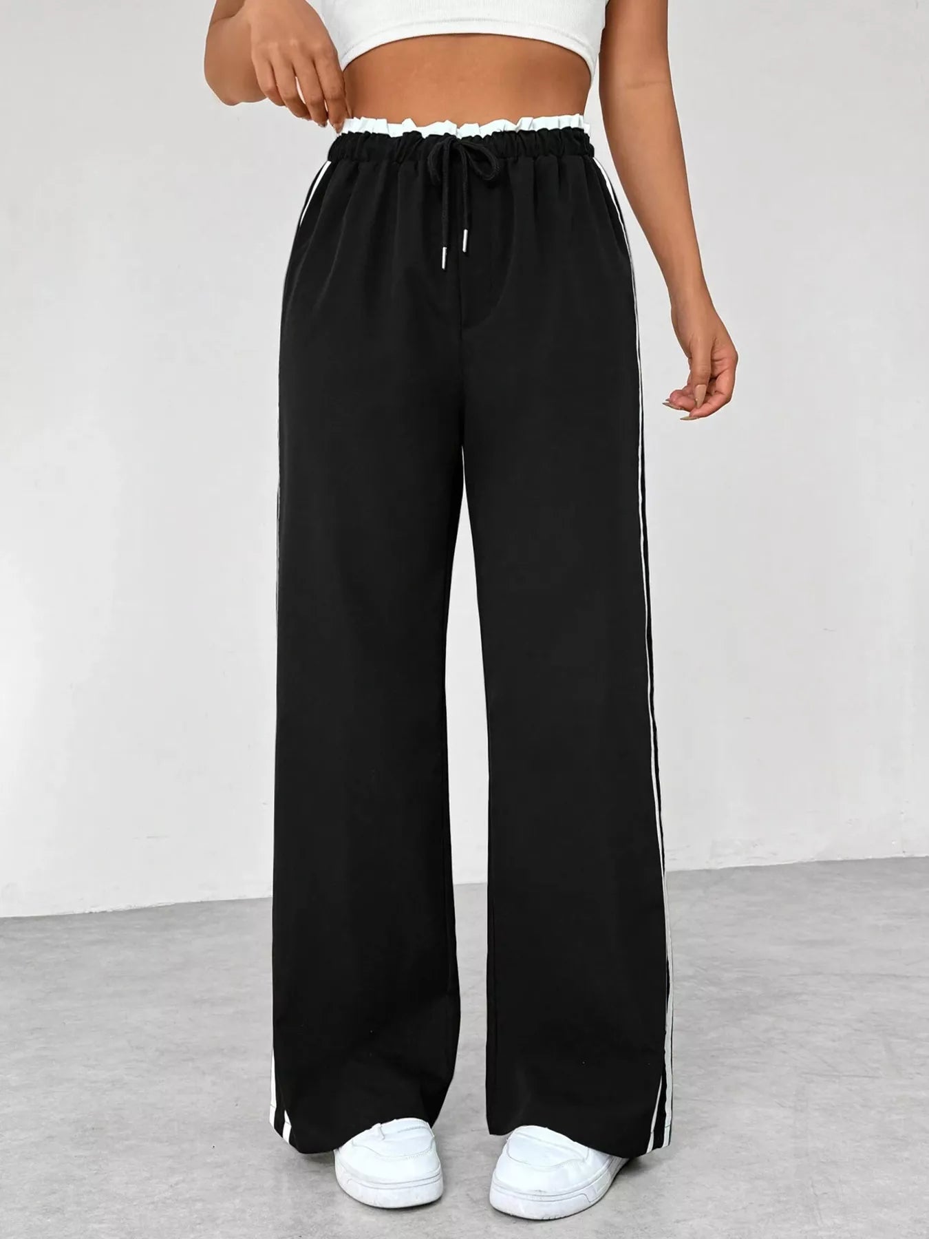 Striped Drawstring Waist Wide Leg Pants