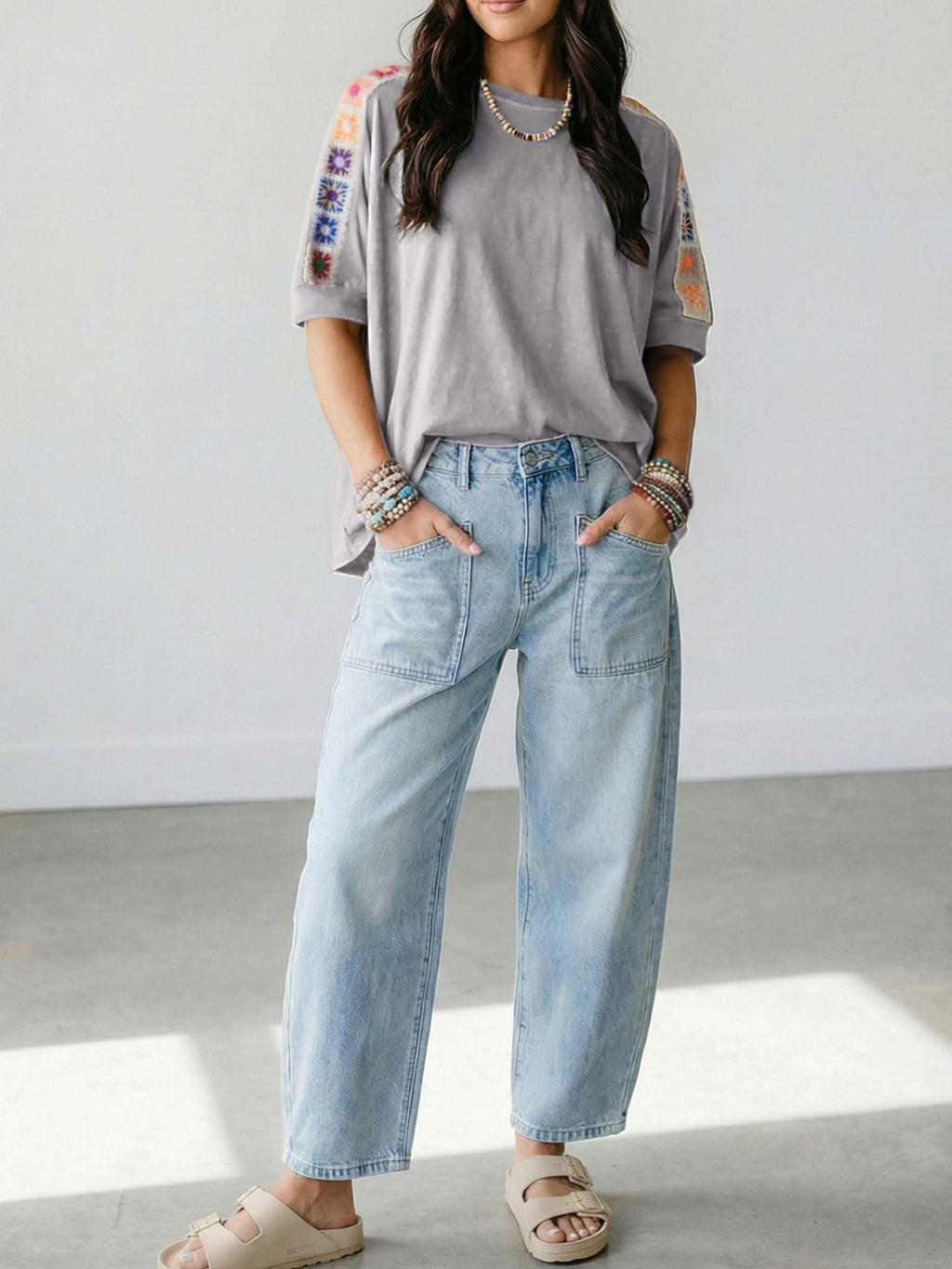Square Crochet Detail Loose T Shirt
