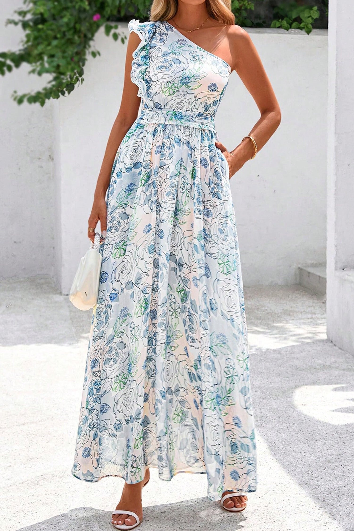 Floral Ruffle One Shoulder Maxi Dress