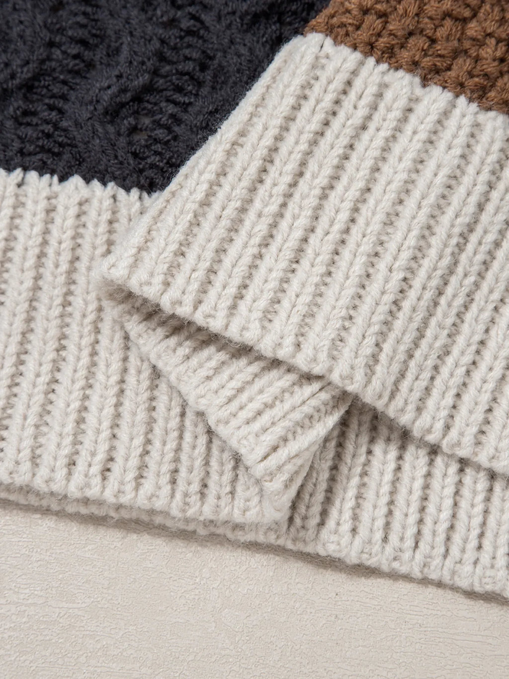Multicolour Color Block Cable Knit Sleeve Buttons Collared Sweater