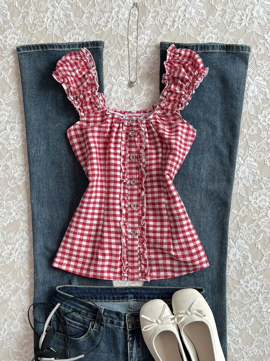 Frill Gingham Cap Sleeve Blouse