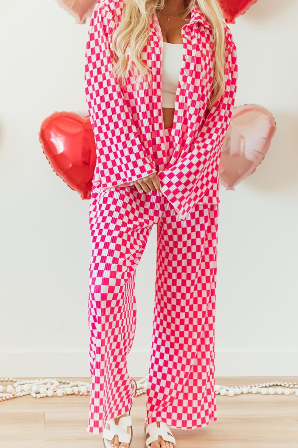 Checkerboard Print Long Sleeve Top and Pants Set