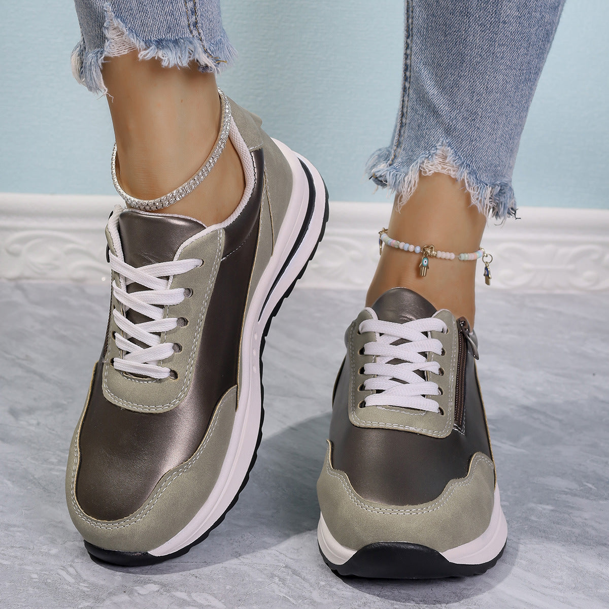 Zipper Detail Lace Up Sneakers