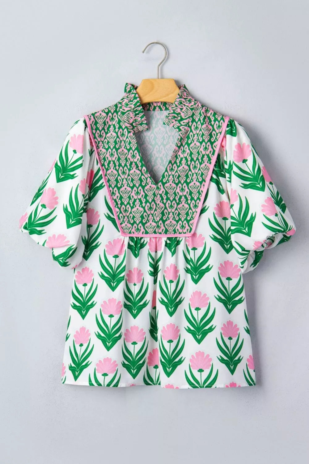Multicolour Floral Print Puff Sleeve Contrast Bordered V Neck Blouse