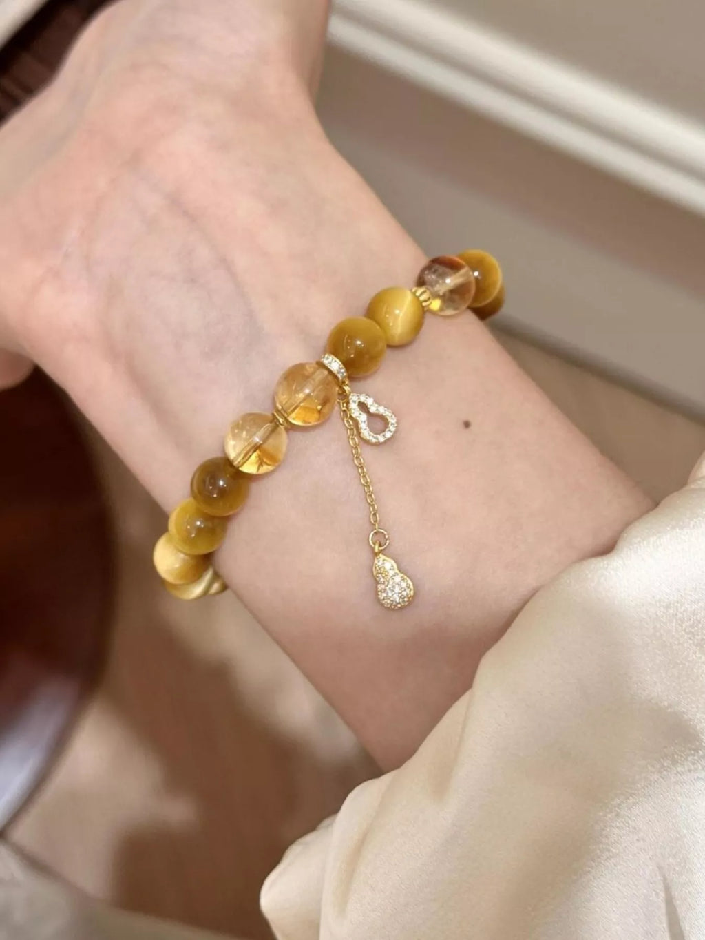 Tiger Eye Beaded Bracelet with Gourd Charm