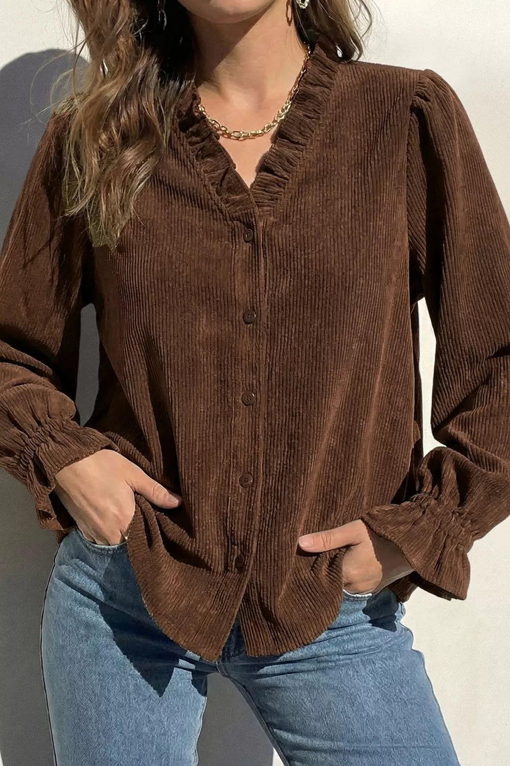 Solid Color Ruffle Trim V Neck Long Sleeve Button Corduroy Shakcet