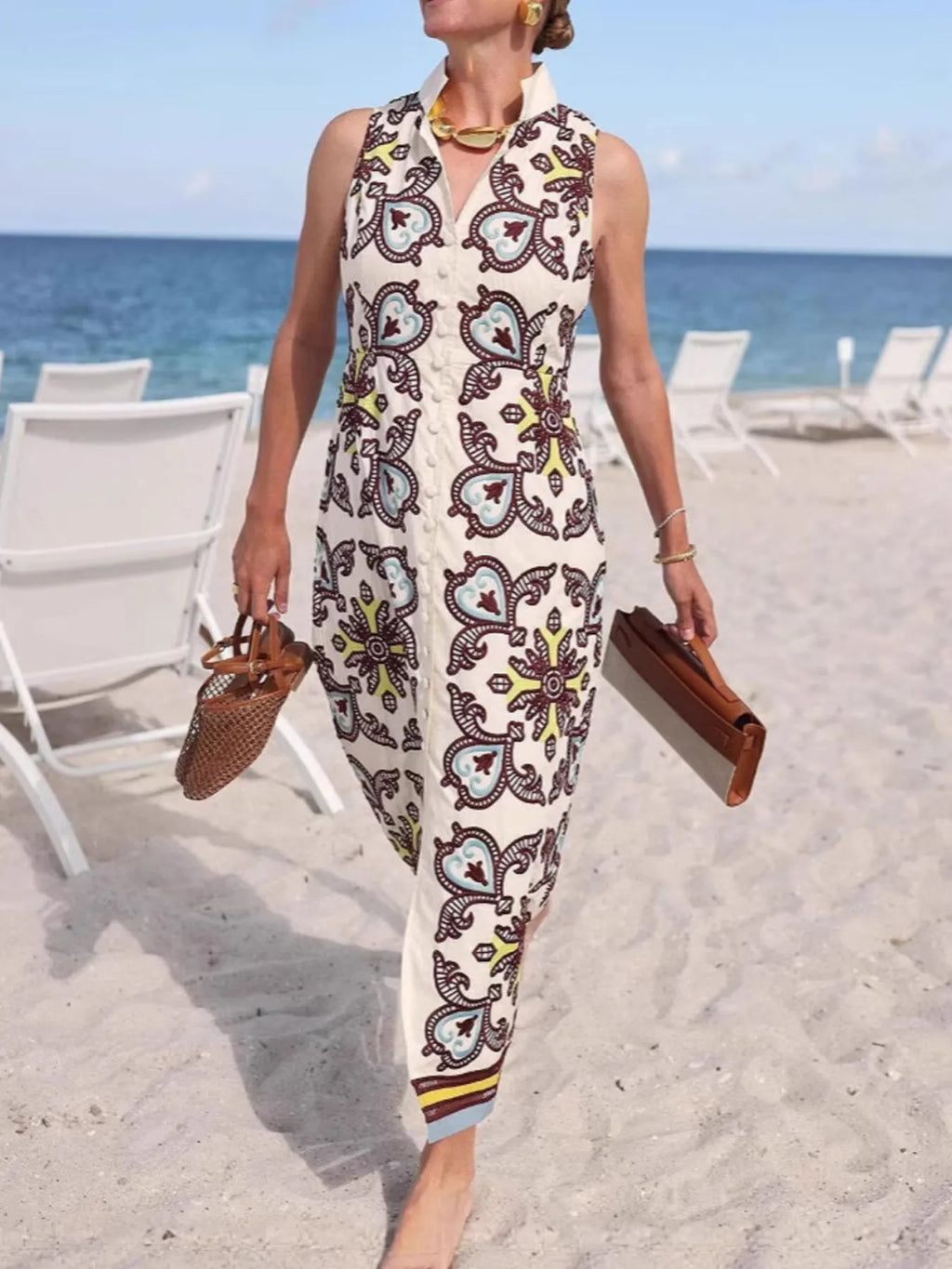 Printed Button Front Sleeveless Dress