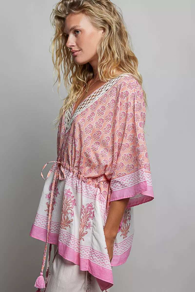 POL Block Print Floral Tie Front Boho Blouse