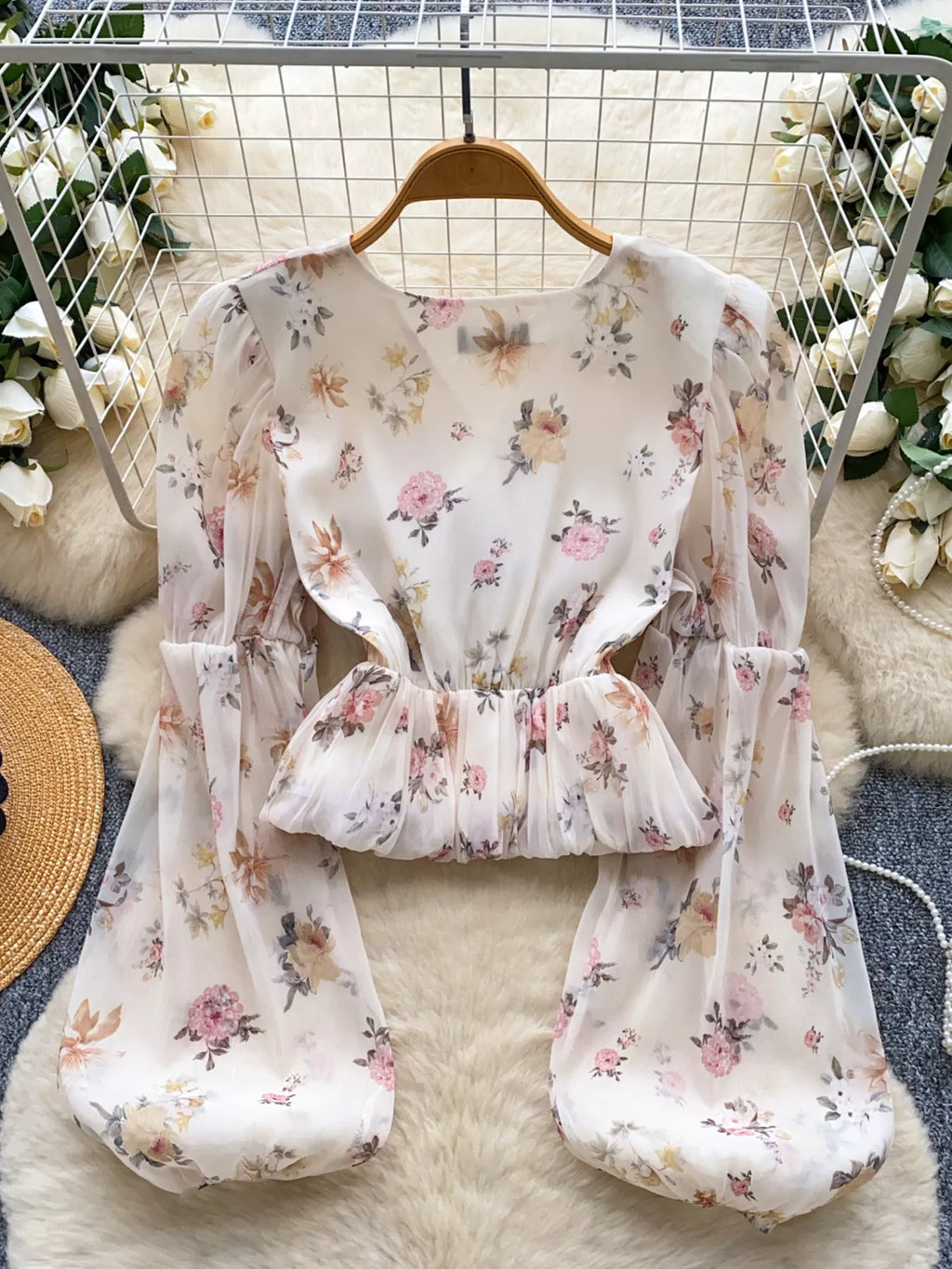 Floral Print Chiffon Balloon Sleeve Blouse