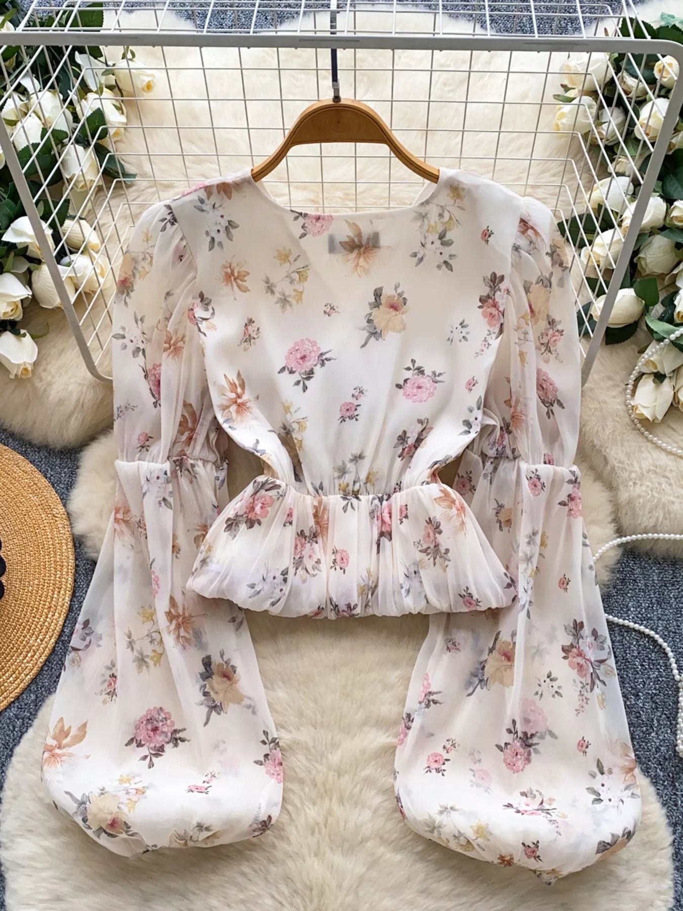 Floral Print Chiffon Balloon Sleeve Blouse