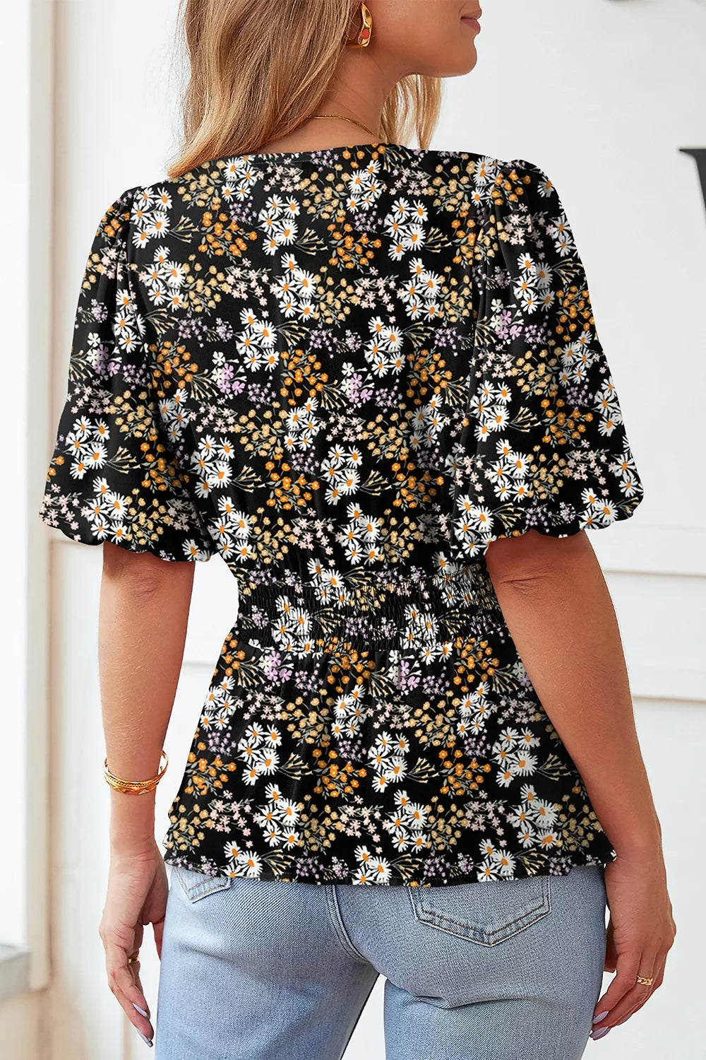 Floral Print V Neck Smocked Babydoll Blouse