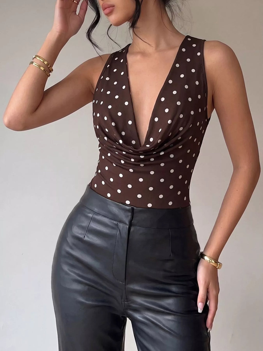 Polka Dot Cowl Neck Bodysuit