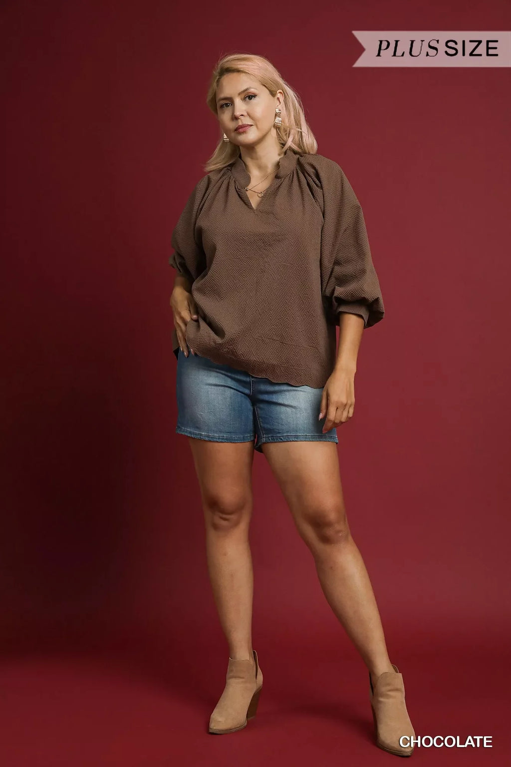 Umgee Full Size Textured Notched Balloon Sleeve Blouse Plus Size