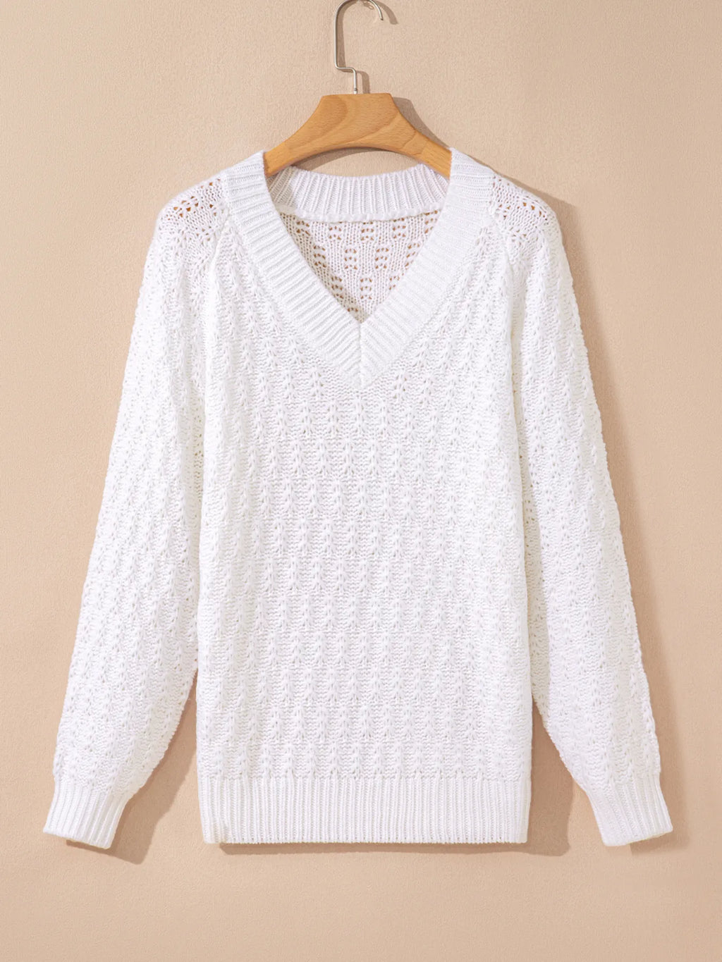 Textured Knit Ribbed Edge V Neck Loose Sweater